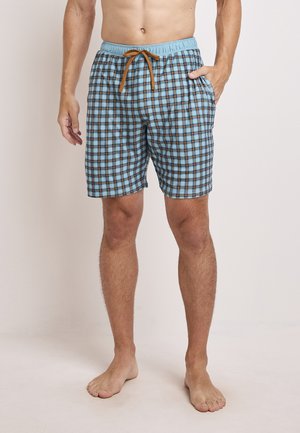 Blaue karierte Schwimmshorts mit elastischem Bund und braunem Kordelzug, Taschen an beiden Seiten, schlichter Saum. Weicher Stoff.