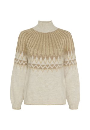 Cremefarvet striktrøje med høj krave, der har ribbet struktur, beige geometriske mønstre og løs pasform med indsnævrede ærmer.