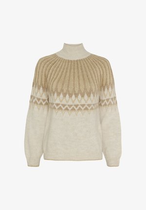 Cremefarvet striktrøje med høj krave, der har ribbet struktur, beige geometriske mønstre og løs pasform med indsnævrede ærmer.