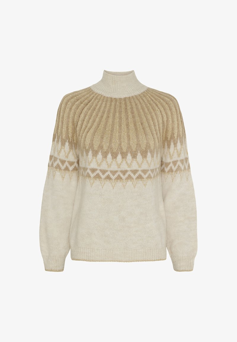 Cremefarvet striktrøje med høj krave, der har ribbet struktur, beige geometriske mønstre og løs pasform med indsnævrede ærmer.
