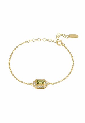 Zarter Goldkettchen-Armband mit einem rechteckigen grünen Edelstein in der Mitte, umgeben von kleinen klaren Steinen, und einem verstellbaren Karabinerverschluss.