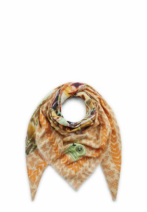 Foulard triangulaire orange clair à motifs avec un design abstrait multicolore et une étiquette de marque Codello verte.