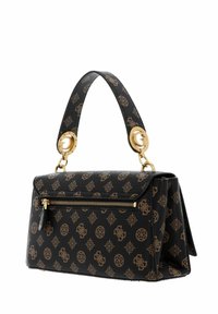 Borsa nera con un esterno in ecopelle testurizzata, finiture dorate e una tasca frontale con zip. Presenta un design del logo a motivo su tutto il corpo.