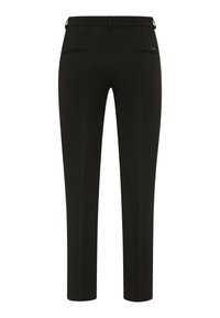 Black tailored trousers with a straight fit, featuring a smooth texture, belt loops, and two back pockets with contrasting edges.