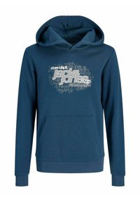 Felpa con cappuccio blu navy realizzata in tessuto morbido. Presenta una grande stampa grafica sul petto e una tasca a marsupio frontale. Include un cappuccio regolabile con lacci.