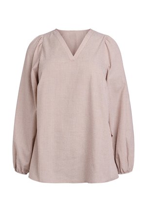 Langærmet blouse i lys pink med ternet mønster, V-halsudskæring og samlede pufærmer. Fremstillet af struktureret stof.