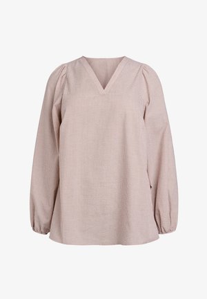 Langärmlige Bluse in Hellrosa mit Karomuster, V-Ausschnitt und gerafften Puffärmeln. Aus strukturiertem Stoff gefertigt.