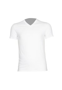 T-shirt blanc à manches courtes avec un col en V. Confectionné dans un tissu doux et lisse. Coupe ajustée avec une finition unie, sans motifs ni accents visibles.