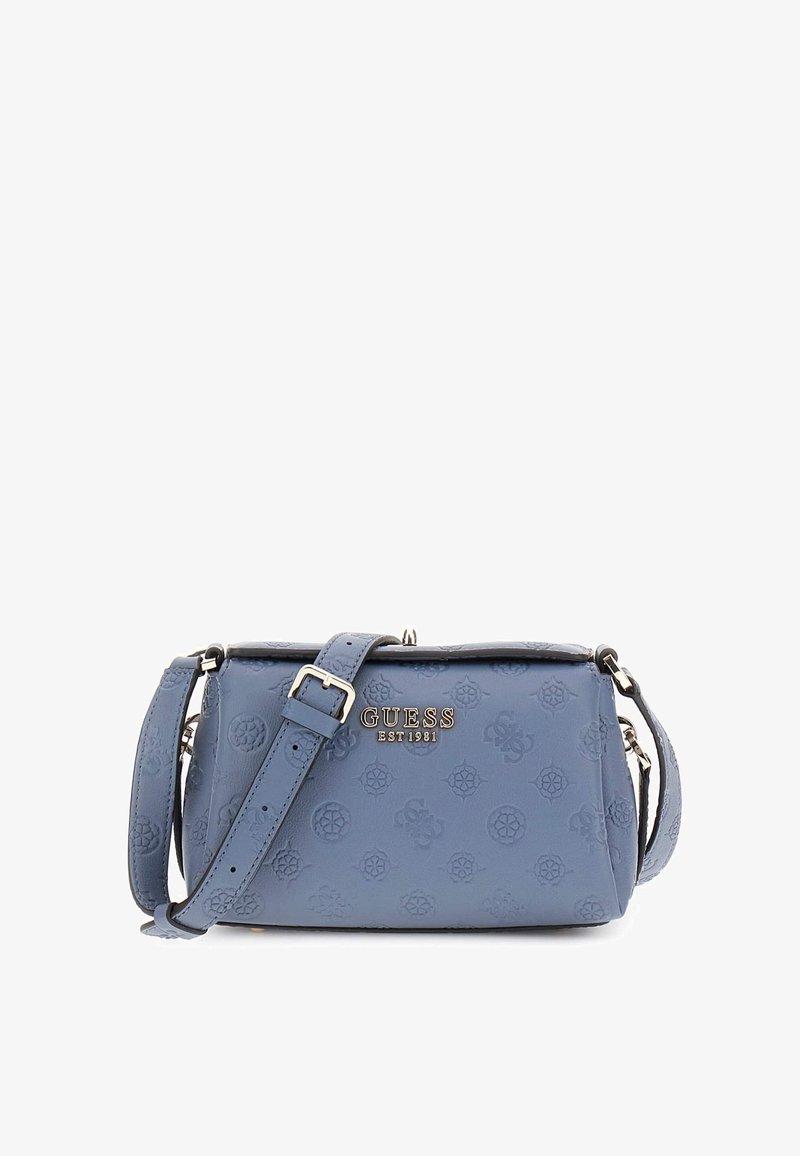 Borsa a spalla in eco-pelle blu con motivo logo impresso, hardware argentato, tracolla regolabile e forma rettangolare.