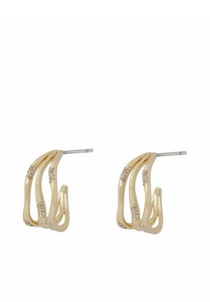 Gold-tone hoop earrings with wavy design, featuring scattered clear rhinestones and a polished surface. Secure post back for wearing.