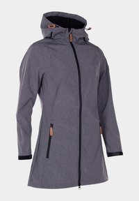 Veste longue grise à capuche avec fermeture éclair avant, deux poches zippées avec languettes marron et fermetures réglables aux poignets.