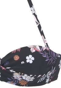 Čierny bikiny vrchol s kvetinovým vzorom v bielej, ružovej a fialovej farbe. Má nastaviteľné ramienka a nariasenie na prsiach pre tvarovanie.