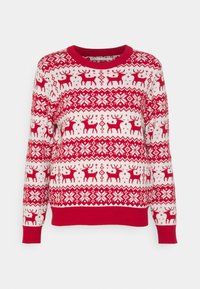 Maglione di Natale rosso e bianco con motivi di renne e fiocchi di neve, con collo a giro e maniche lunghe.
