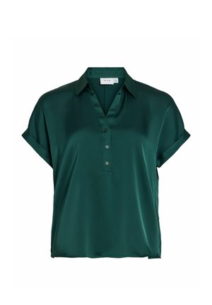 Bluză din satin verde închis cu mâneci scurte, manșete pliate, guler și fante cu trei nasturi de la brandul VILA.