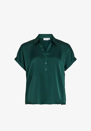 Bluză din satin verde închis cu mâneci scurte, manșete pliate, guler și fante cu trei nasturi de la brandul VILA.