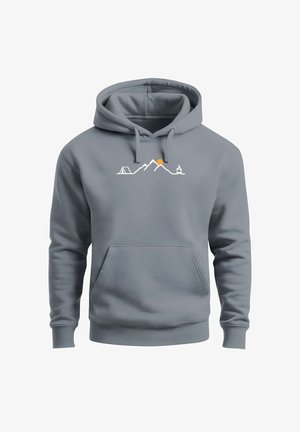Gray hooded sweatshirt with white minimalist mountain, tent, campfire, and orange sun graphic on the chest.