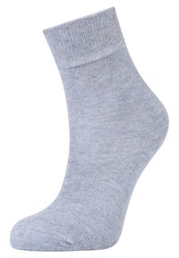 Hellblaues Knöchelsocke mit einem gerippten Bündchen, aus einem weichen, strukturierten Stoff; glatter Schaft mit verstärkter Zehen- und Fersenpartie.