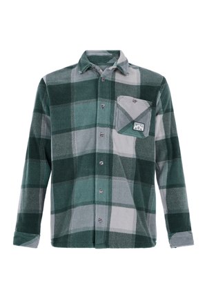 Camicia in pile a maniche lunghe con bottoni, con un grande motivo a quadri verde e grigio, taschino sul petto con bottone e etichetta logo "Protest".