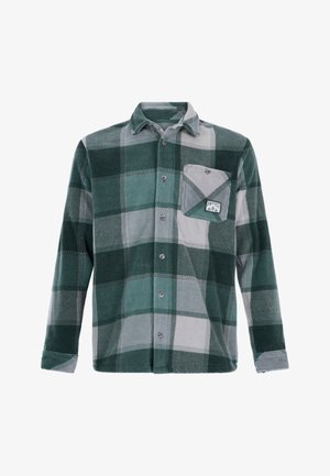 Camisa de felpa de manga larga con botones, de patrón de grandes cuadros verdes y grises, bolsillo en el pecho con botón y etiqueta con el logo "Protest".