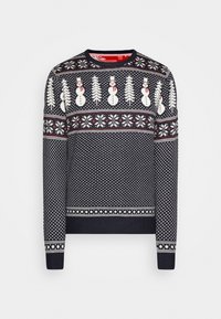 Maglione lavorato a maglia blu navy con motivi di pupazzi di neve e alberi, decorato con fiocchi di neve bianchi e dettagli rossi. Polsini e orlo a coste per un tocco di texture.