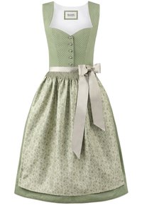 Grünes Dirndl-Kleid mit gepunktetem Oberteil, silberfarbigen Knöpfen und einem rock mit Blumenmuster. Mit einem Satinbandgürtel und einer gefalteten Taille.