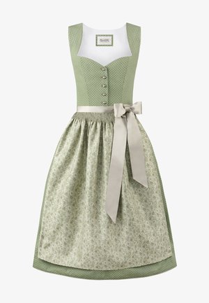 Grünes Dirndl-Kleid mit gepunktetem Oberteil, silberfarbigen Knöpfen und einem rock mit Blumenmuster. Mit einem Satinbandgürtel und einer gefalteten Taille.
