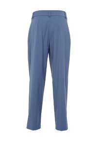 Pantaloni azzurri chiari con design a gamba dritta, caratterizzati da una texture di tessuto liscia e una parte frontale piatta con dettagli sulla vita.