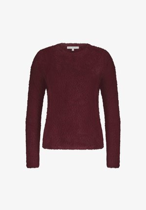 Pull bordeaux à manches longues en matière texturée et duveteuse, avec un col rond et une coupe décontractée. Pas de motifs ni de matériel visible.
