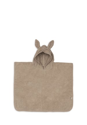 Zachte beige hooded handdoek poncho met konijnenoren, ontworpen voor kinderen, gemaakt van absorberende stof met afgeronde randen.