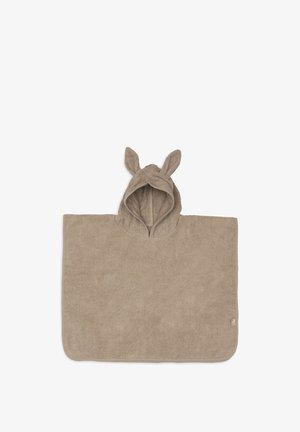Poncho serviette à capuche beige doux avec oreilles de lapin conçu pour enfants, fabriqué en tissu absorbant et aux bords arrondis.
