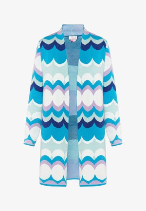 Strickjacke mit Wellenmuster in Blau-, Türkis-, Lavendel- und Weißtönen. Offene Vorderseite, lange Ärmel und weiche Textur.