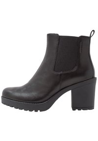 Zwarte leren enkellaars met elastische zijpanelen. Heeft een stevige hak en een gestructureerde zool. Glanzende afwerking, slank ontwerp en ronde neus.