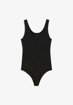 Bodysuit sans manches noir en tissu lisse, avec un col rond et des ouvertures de jambe hautes. Design simple et sans couture.