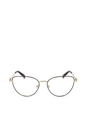 Occhiali cat-eye con montatura in metallo dorato e nero, lenti trasparenti e terminali neri sulle aste su sfondo bianco.