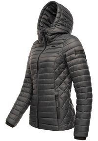 Padded black jacket with a hood, featuring a quilted design, zippered pockets, and ribbed cuffs. Brand logo visible on the sleeve.