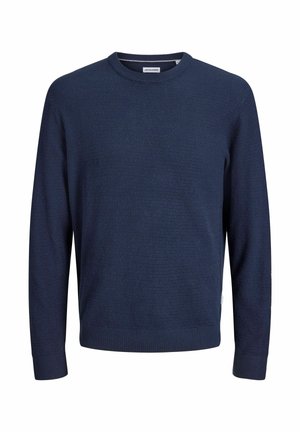 Pull en maille texturée bleu marine à manches longues avec poignets et ourlet côtelés, avec un col rond.