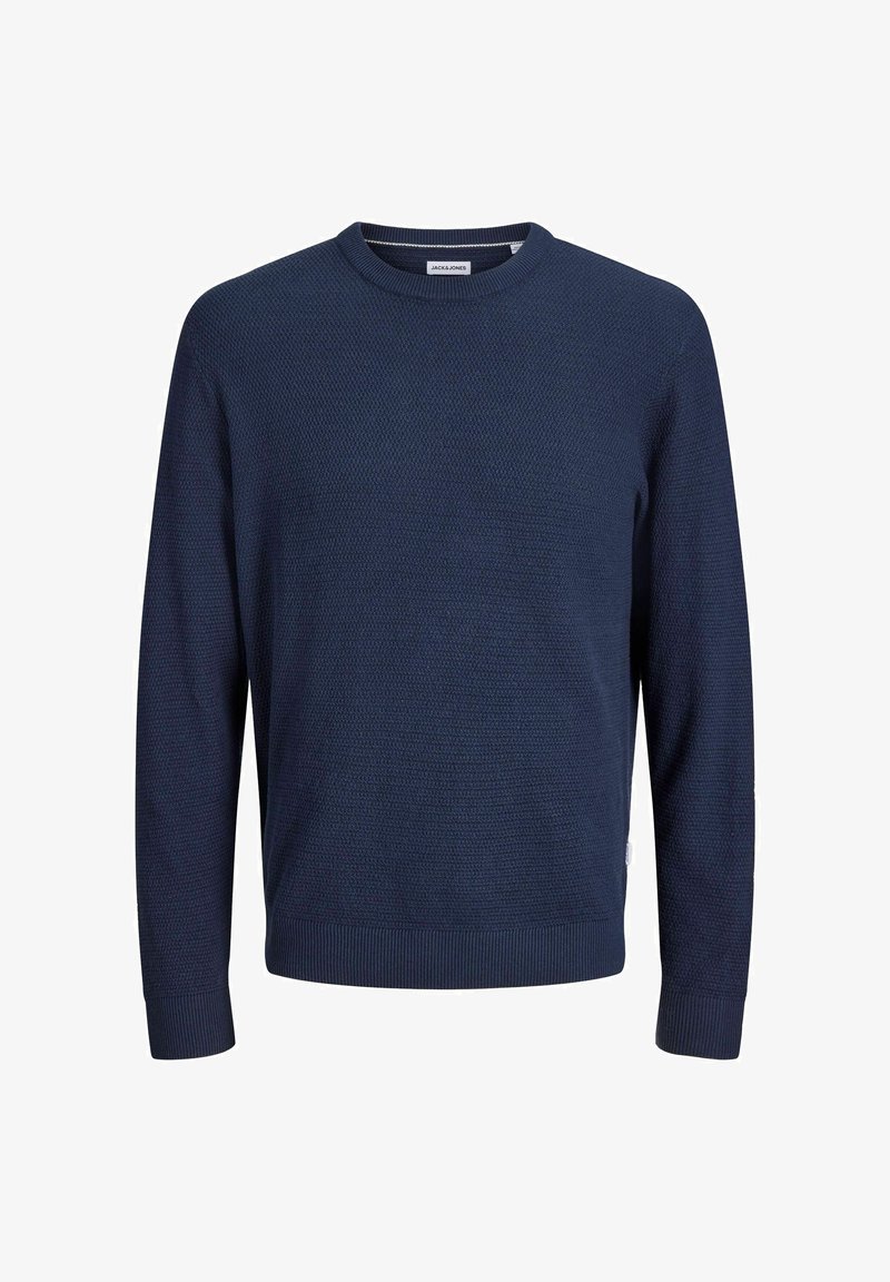 Pull en maille texturée bleu marine à manches longues avec poignets et ourlet côtelés, avec un col rond.