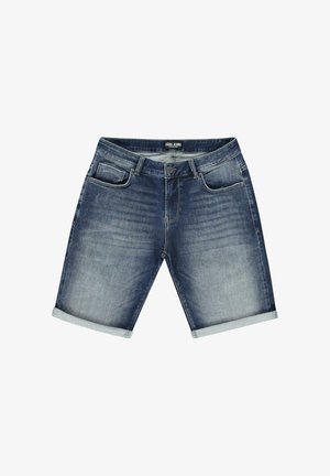 Donkerblauwe denimshorts, met een klassieke vijf-pocketontwerp, omgeslagen mouwen en subtiele vervaging voor een casual uitstraling.