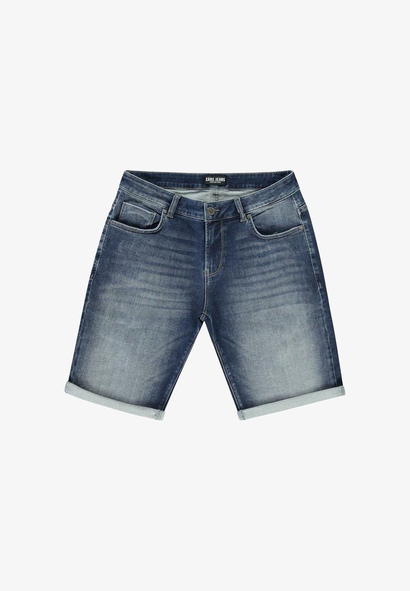 Donkerblauwe denimshorts, met een klassieke vijf-pocketontwerp, omgeslagen mouwen en subtiele vervaging voor een casual uitstraling.