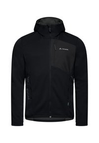 Giacca nera con cappuccio e finitura liscia, dotata di una tasca sul petto con zip realizzata in un materiale a contrasto e polsini regolabili.