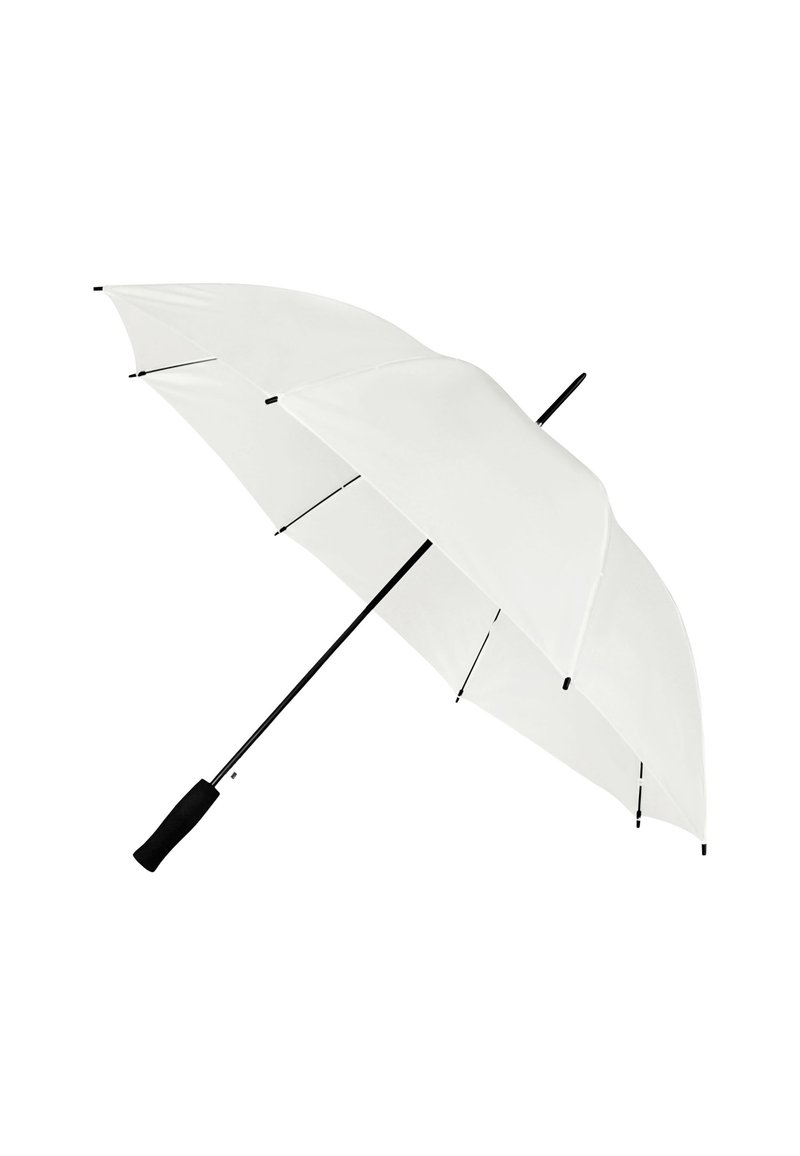 Witte parasol met een zwarte handgreep, voorzien van een strak ontwerp, gladde stof en een versterkt metalen frame met zes spaken.