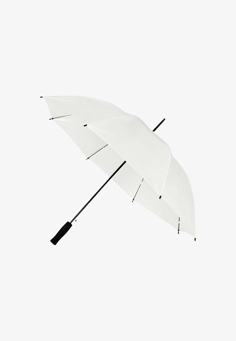 Parapluie blanc avec une poignée noire, présentant un design élégant, un tissu lisse et un cadre en métal renforcé avec six rayons.