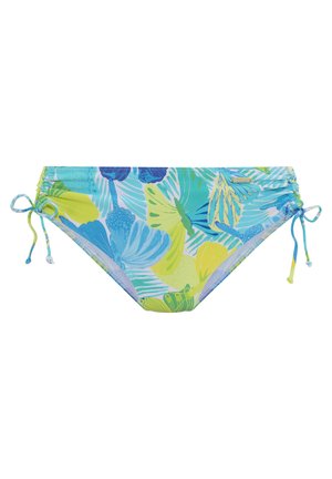 Meerkleurige bikinibroek met een blauw en groen tropisch bladerenpatroon, verstelbare zijbandjes en een gladde stoftextuur.