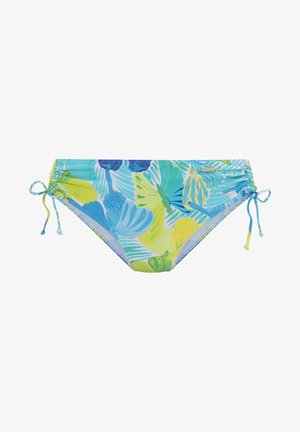 Meerkleurige bikinibroek met een blauw en groen tropisch bladerenpatroon, verstelbare zijbandjes en een gladde stoftextuur.