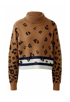 Brauner Pullover mit Leopardenmuster, strukturiertem Rollkragen und kurzer Passform. Verfügt über einen gestreiften Akzent in Marineblau, Creme und Schwarz am Saum.