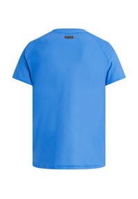 Blaues T-Shirt mit kurzen Ärmeln aus glattem, leichtem Stoff, mit einem einfachen Design und einem kleinen schwarzen Markenlabel auf der Rückseite.