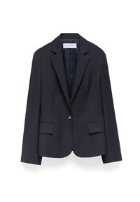Blazer su misura blu navy con chiusura a un bottone, rever larghi, due tasche frontali e una fodera interna liscia. Tessuto texturizzato.