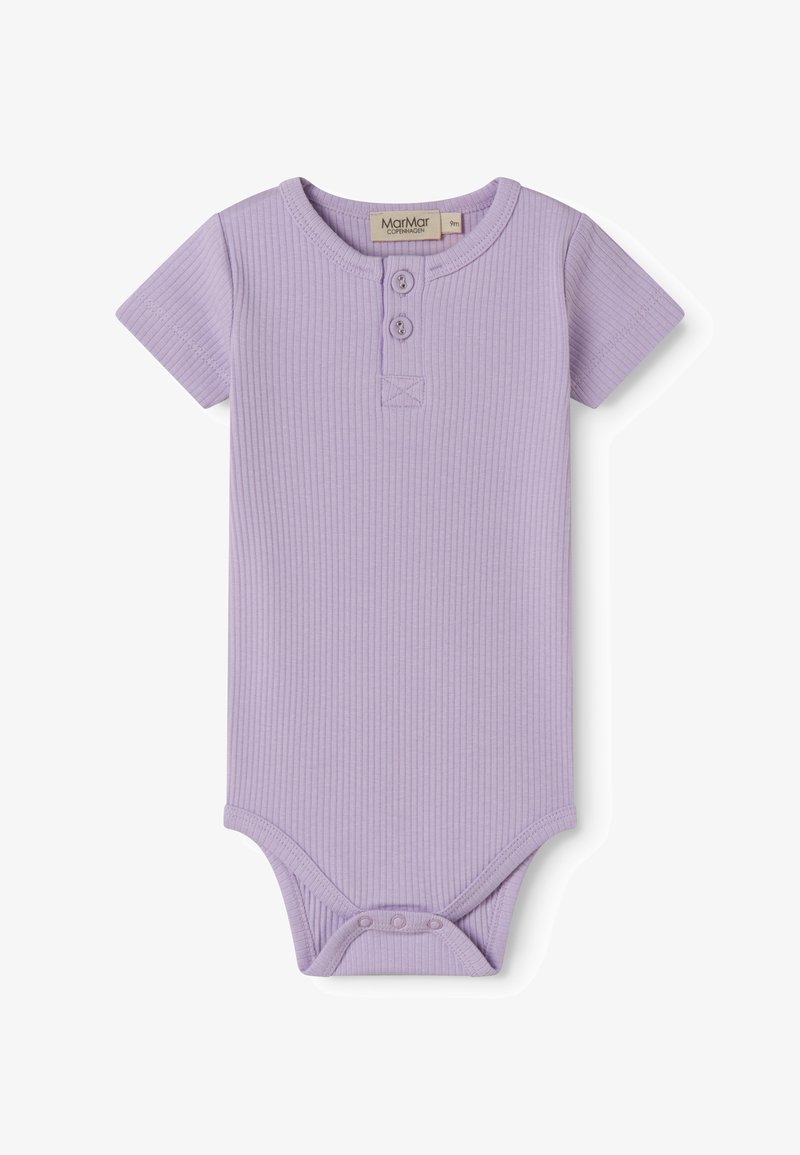 Body de bebé de manga corta en color lila con textura acanalada, con dos botones en el frente y broches automáticos en la entrepierna, talla 9 meses.