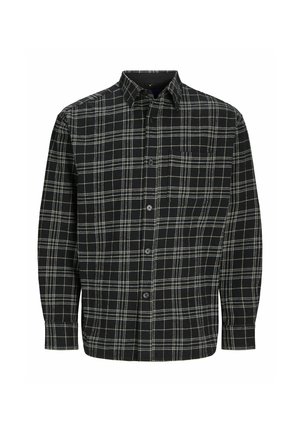 Melna un balta raibā flaneles krekls ar garām piedurknēm, pogām aizsētiem kragām un priekšējo kabatu, kas izceļas ar mīkstu, teksturētu audumu.