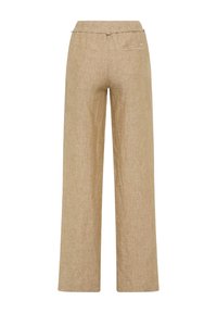 Beżowe lniane spodnie szerokie nogawki o fakturowanym wykończeniu, z tylną kieszenią i prostym paskiem w talii.